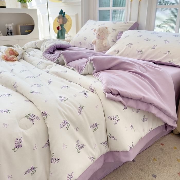 91家纺网 家纺一手货源 找家纺 悦织语 2026新款A类针织棉双层纱韩版夏被四件套空调被 紫萱