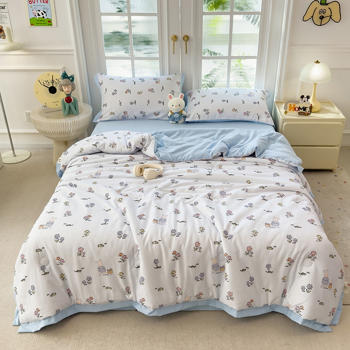 91家纺网 家纺一手货源 找家纺 悦织语 2026新款A类针织棉双层纱韩版夏被四件套空调被 安琪拉兔