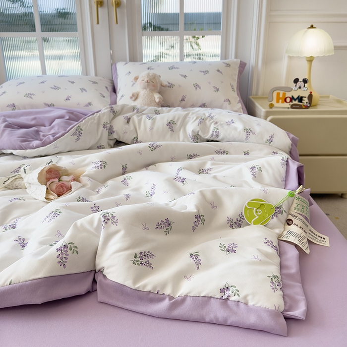 91家纺网 家纺一手货源 找家纺 悦织语 2026新款A类针织棉双层纱韩版夏被四件套空调被 紫萱