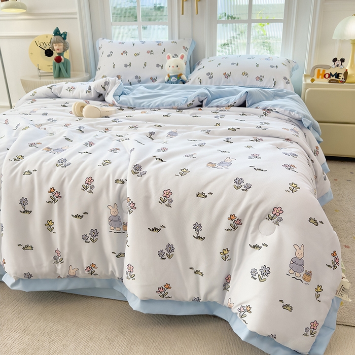 91家纺网 家纺一手货源 找家纺 悦织语 2026新款A类针织棉双层纱韩版夏被四件套空调被 安琪拉兔