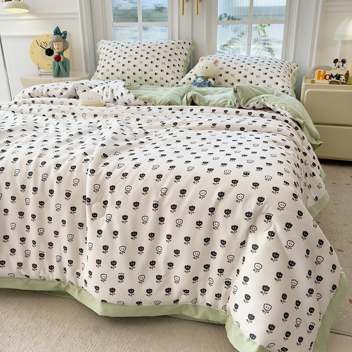 91家纺网 家纺一手货源 找家纺 悦织语 2026新款A类针织棉双层纱韩版夏被四件套空调被 朵朵小花