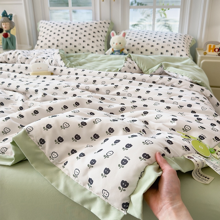 91家纺网 家纺一手货源 找家纺 悦织语 2026新款A类针织棉双层纱韩版夏被四件套空调被 朵朵小花