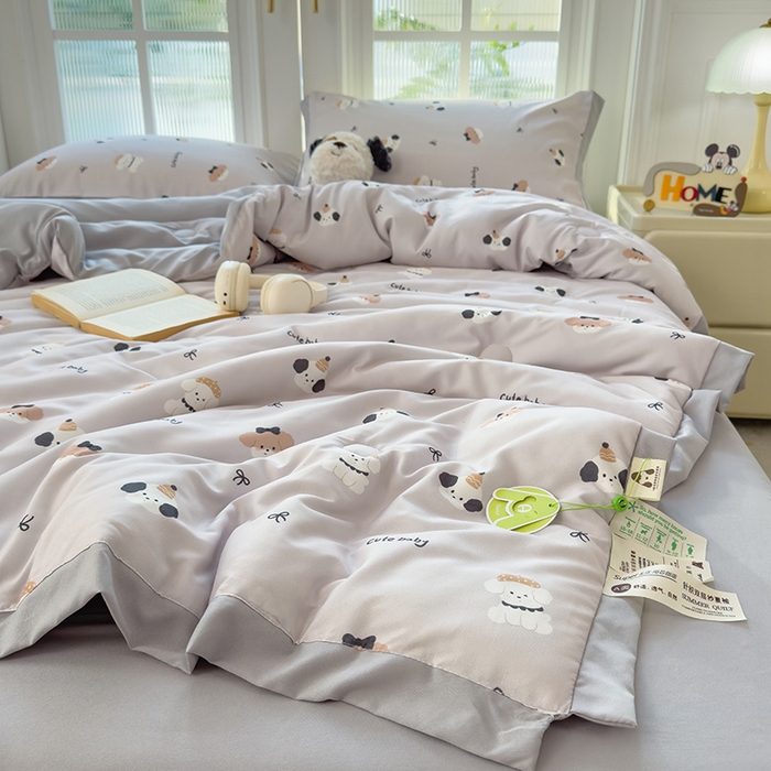 91家纺网 家纺一手货源 找家纺 悦织语 2026新款A类针织棉双层纱韩版夏被四件套空调被 小狗日记