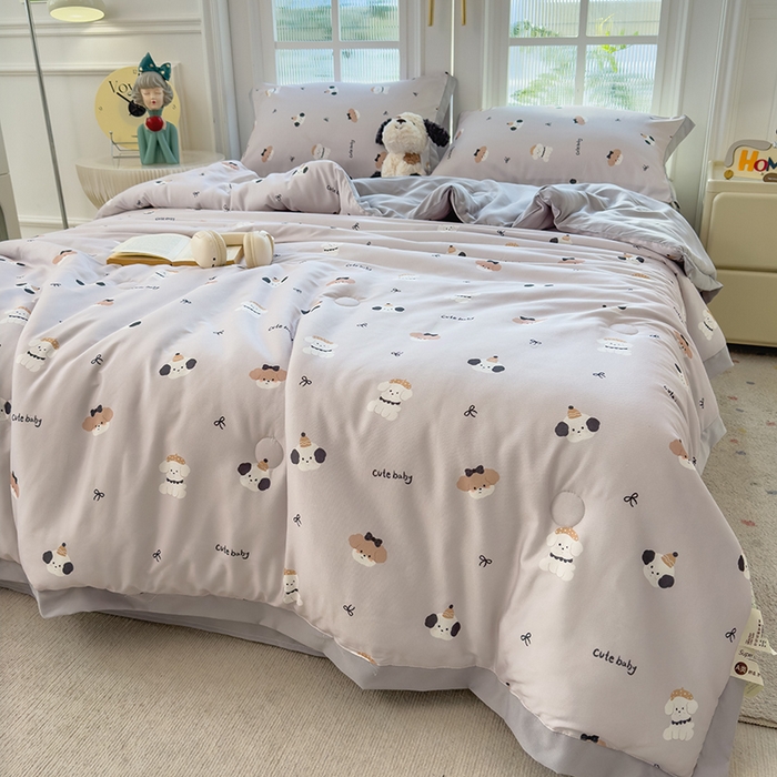 91家纺网 家纺一手货源 找家纺 悦织语 2026新款A类针织棉双层纱韩版夏被四件套空调被 小狗日记