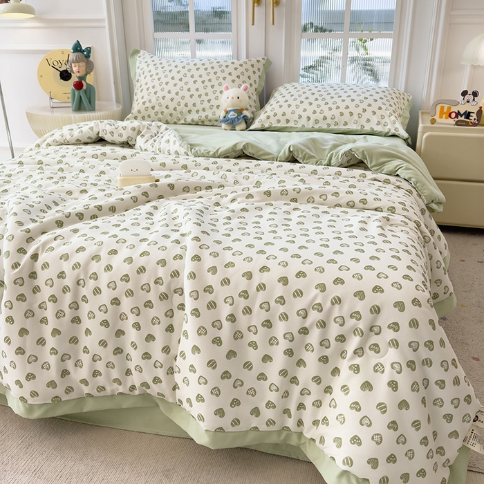 91家纺网 家纺一手货源 找家纺 悦织语 2026新款A类针织棉双层纱韩版夏被四件套空调被 绿色爱心