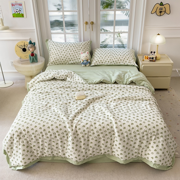 91家纺网 家纺一手货源 找家纺 悦织语 2026新款A类针织棉双层纱韩版夏被四件套空调被 绿色爱心