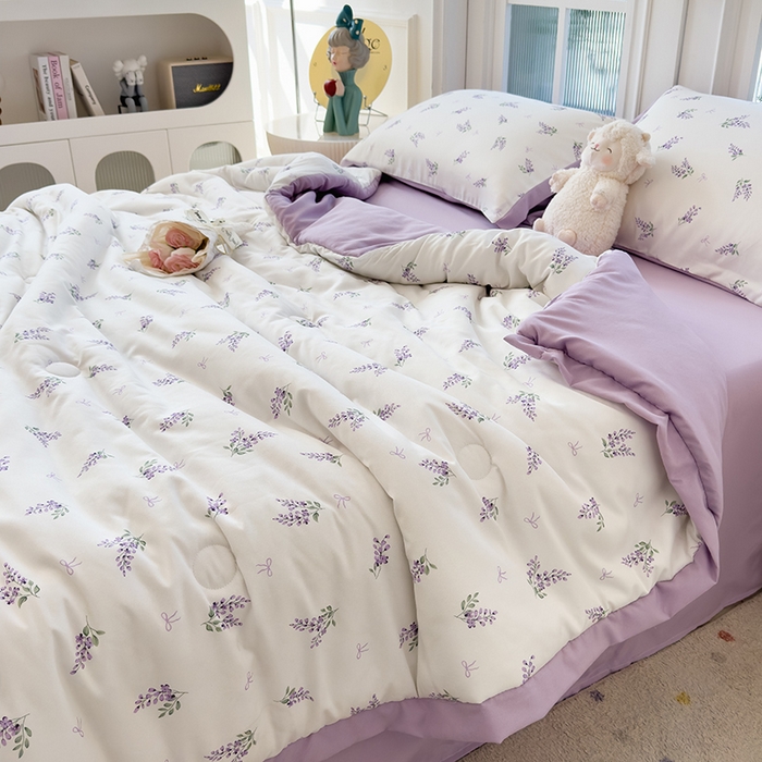 91家纺网 家纺一手货源 找家纺 悦织语 2026新款A类针织棉双层纱韩版夏被四件套空调被 紫萱