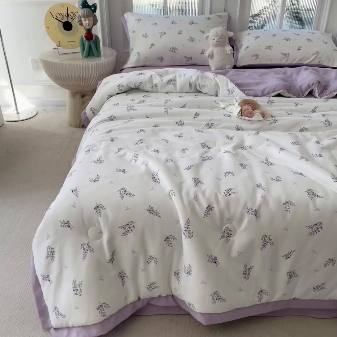 91家纺网 家纺一手货源 找家纺 悦织语 2026新款A类针织棉双层纱韩版夏被四件套空调被 紫萱