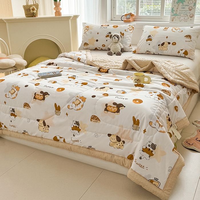 91家纺网 家纺一手货源 找家纺 悦织语 2026新款水洗棉双层纱豆豆被大豆夏凉被 米洛狗狗