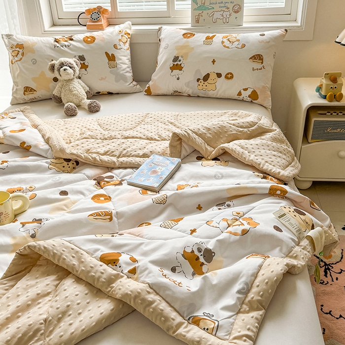 91家纺网 家纺一手货源 找家纺 悦织语 2026新款水洗棉双层纱豆豆被大豆夏凉被 米洛狗狗