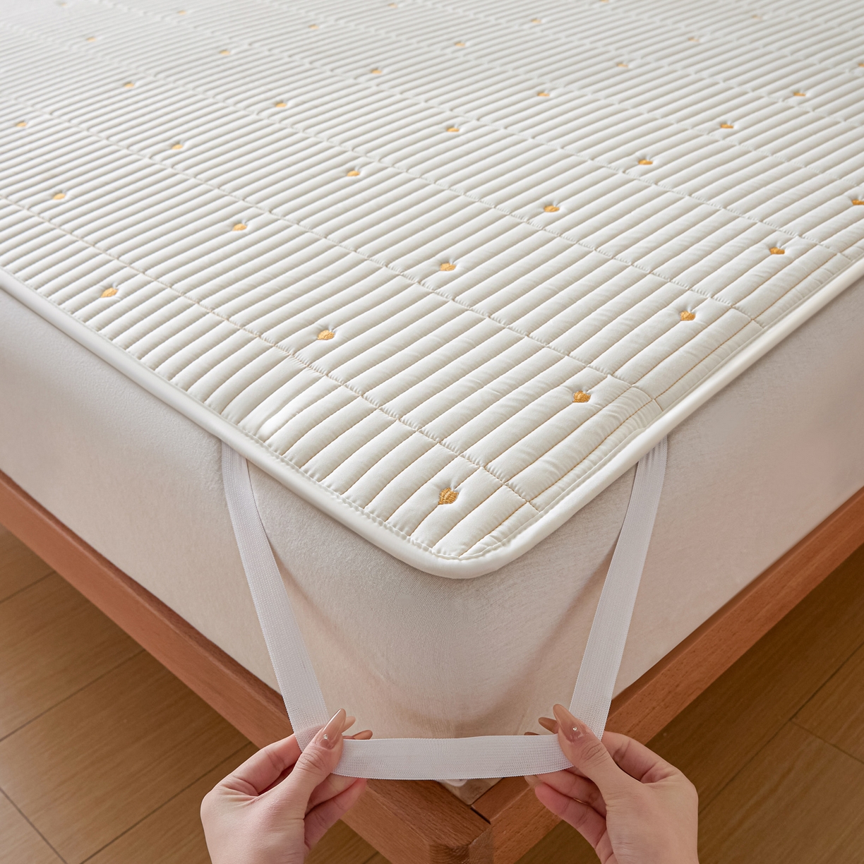 91家纺网 家纺一手货源 找家纺 摩妮卡 2026新款水洗棉夹棉防水刺绣爱心床褥床垫款三件套 爱心-奶白