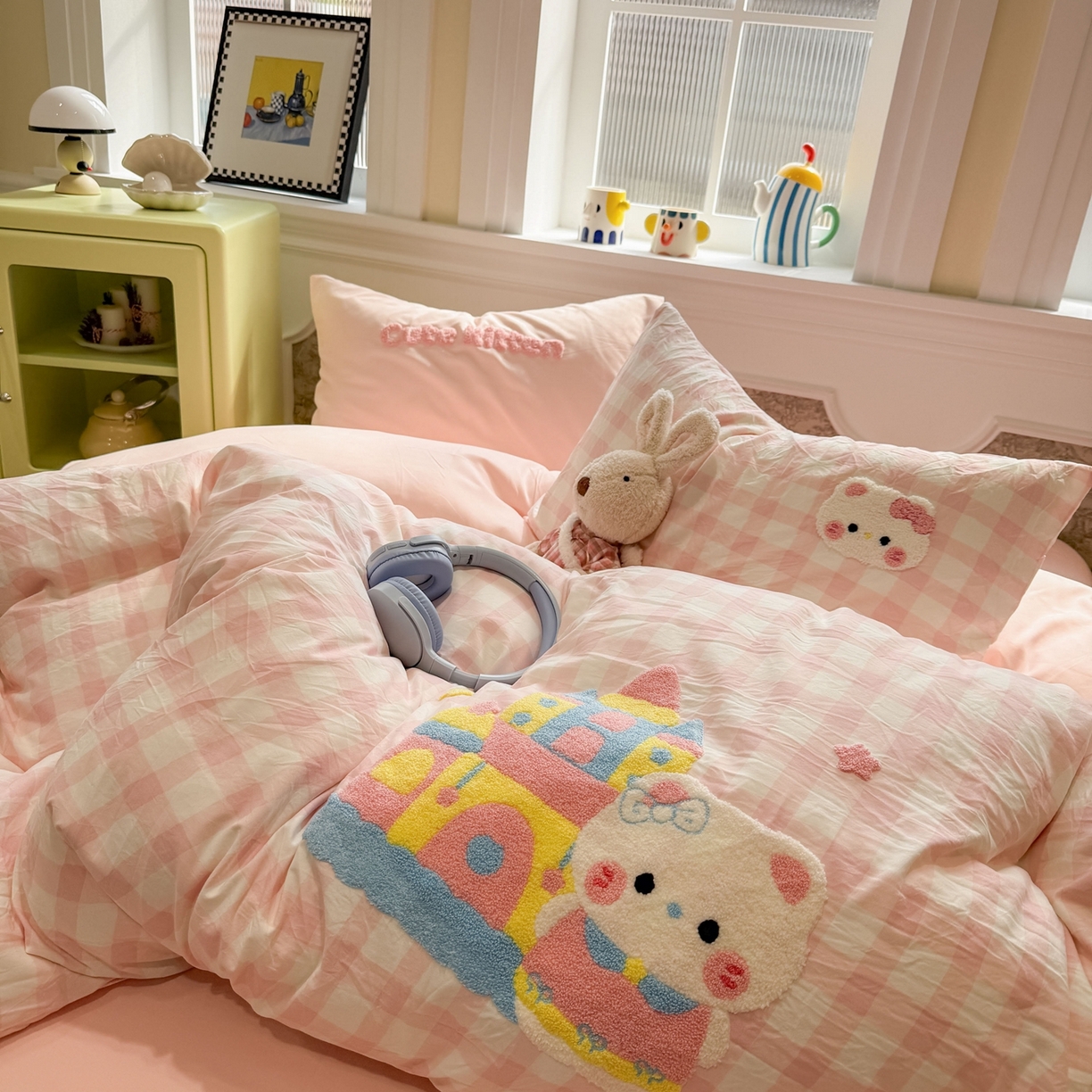 我心家纺 2026新款水洗棉毛巾绣四件套 公主猫-粉格