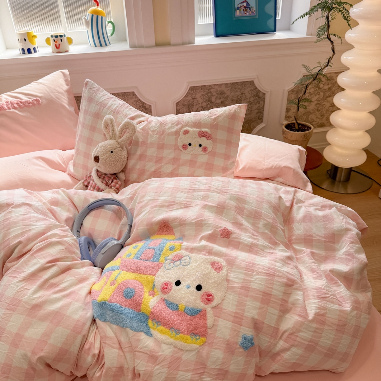 91家纺网 家纺一手货源 找家纺 我心家纺 2026新款水洗棉毛巾绣四件套 公主猫-粉格