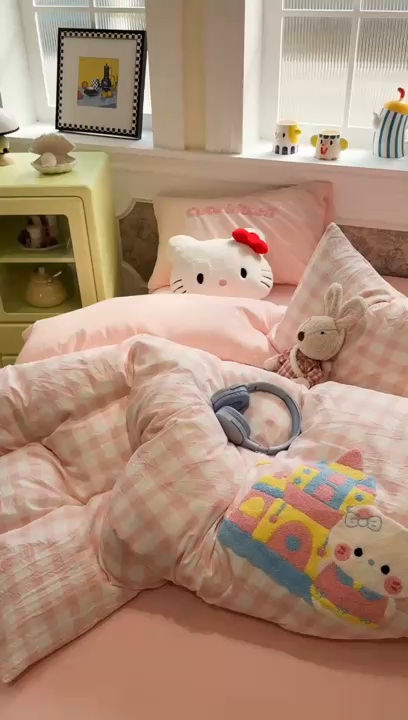 91家纺网 家纺一手货源 找家纺 我心家纺 2026新款水洗棉毛巾绣四件套 公主猫-粉格