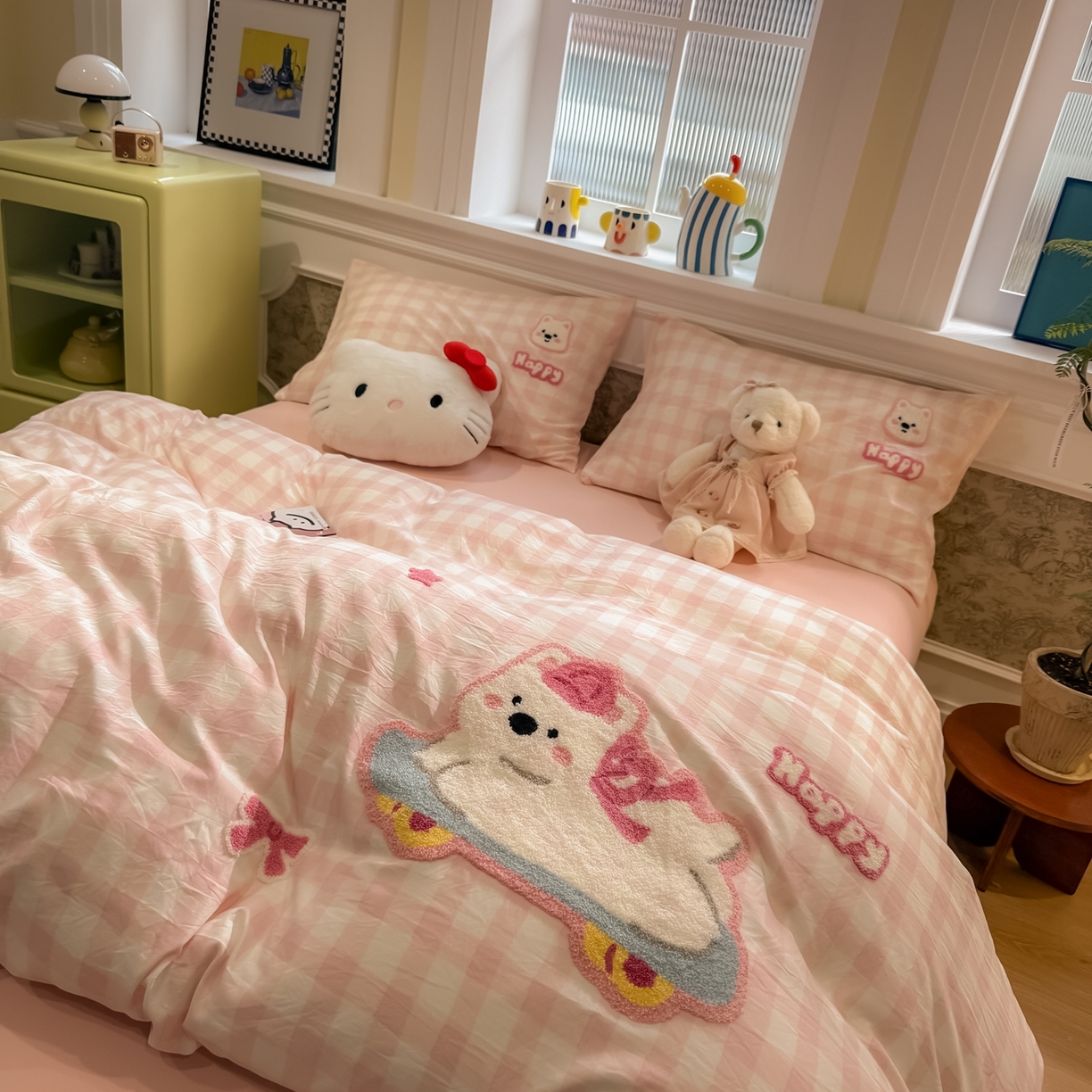 我心家纺 2026新款水洗棉毛巾绣四件套 滑板西高地-粉格