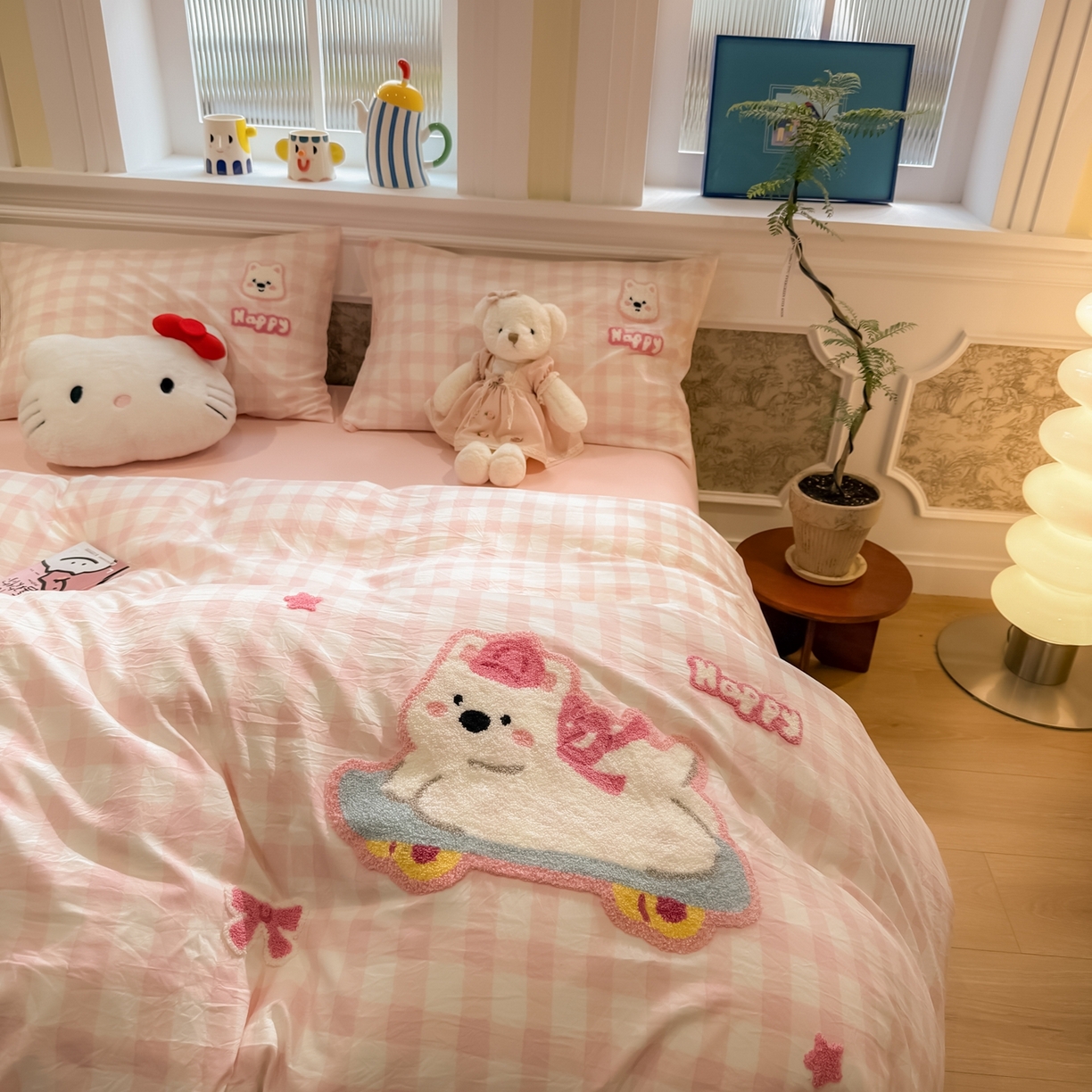 91家纺网 家纺一手货源 找家纺 我心家纺 2026新款水洗棉毛巾绣四件套 滑板西高地-粉格