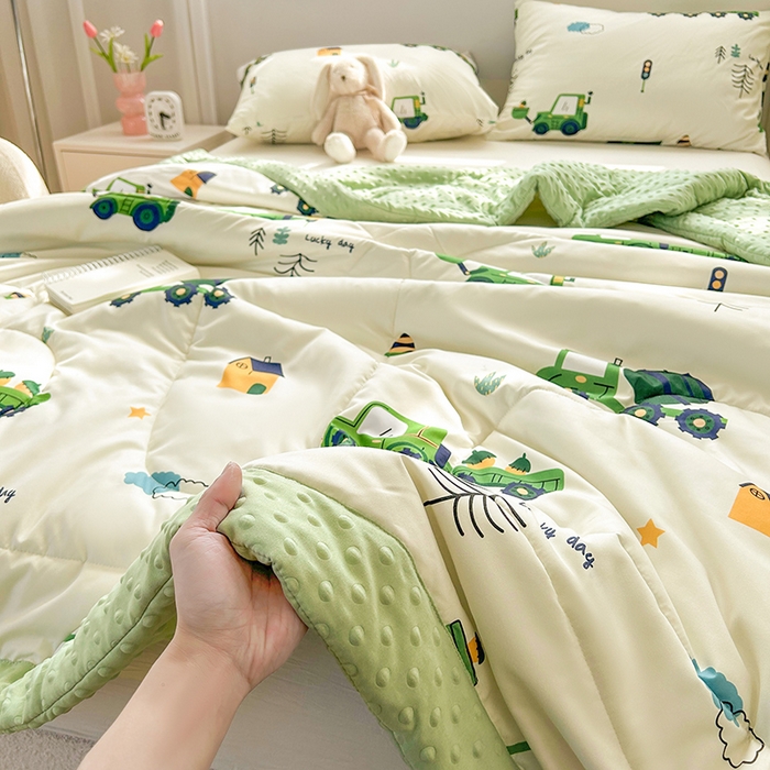 91家纺网 家纺一手货源 找家纺 悦织语 2026新款水洗棉双层纱豆豆被大豆夏凉被 挖掘机