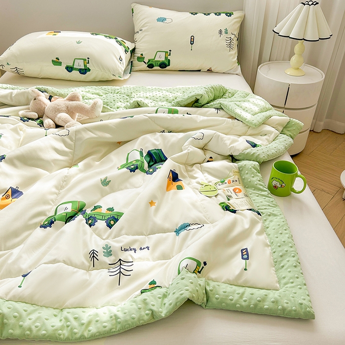 91家纺网 家纺一手货源 找家纺 悦织语 2026新款水洗棉双层纱豆豆被大豆夏凉被 挖掘机