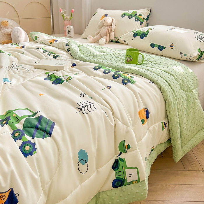 91家纺网 家纺一手货源 找家纺 悦织语 2026新款水洗棉双层纱豆豆被大豆夏凉被 挖掘机