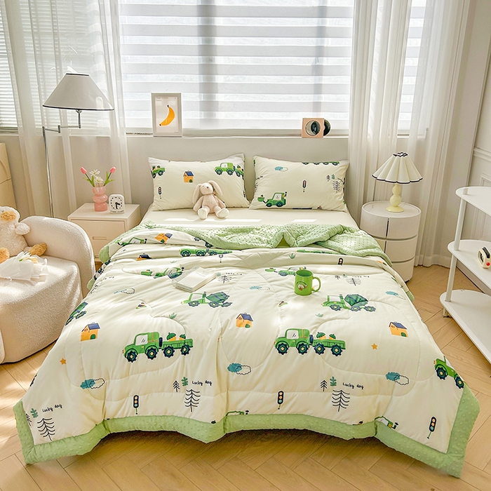 91家纺网 家纺一手货源 找家纺 悦织语 2026新款水洗棉双层纱豆豆被大豆夏凉被 挖掘机