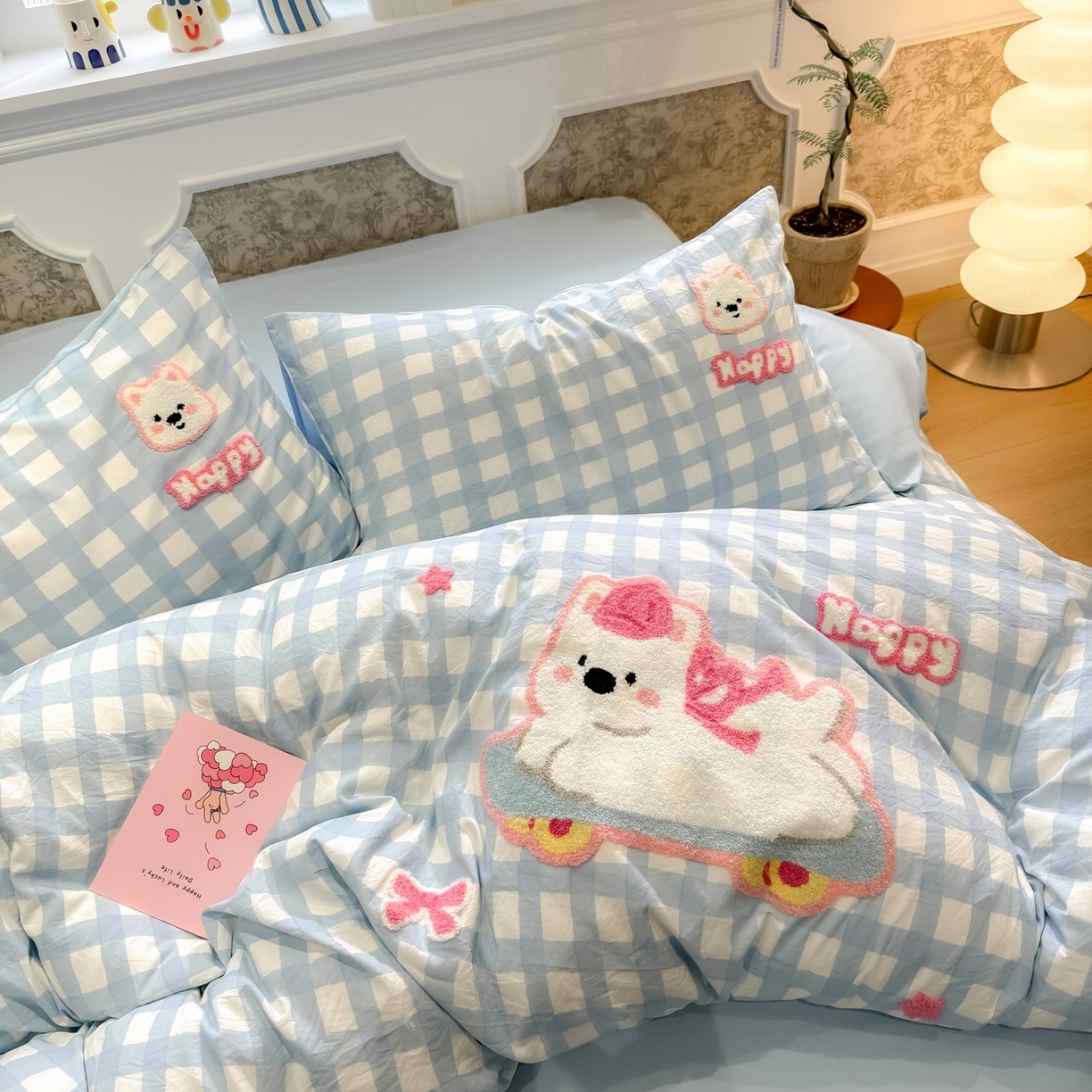 91家纺网 家纺一手货源 找家纺 我心家纺 2026新款水洗棉毛巾绣四件套 滑板西高地-蓝格