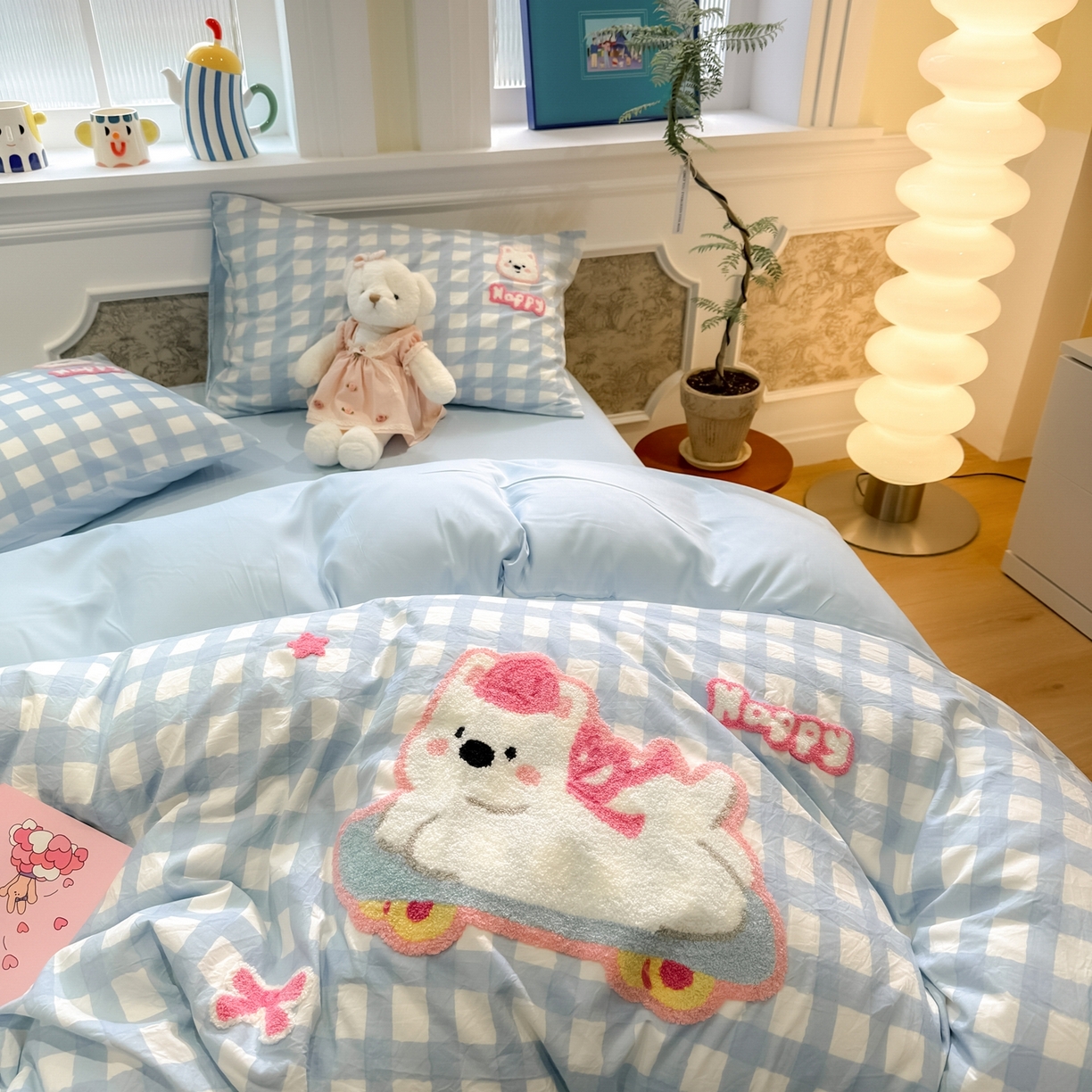 91家纺网 家纺一手货源 找家纺 我心家纺 2026新款水洗棉毛巾绣四件套 滑板西高地-蓝格