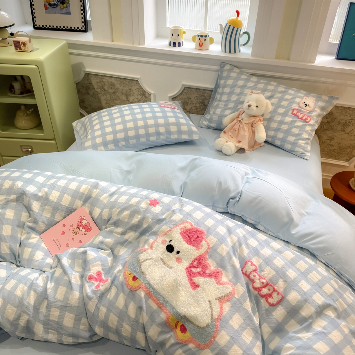 我心家纺 2026新款水洗棉毛巾绣四件套 滑板西高地-蓝格