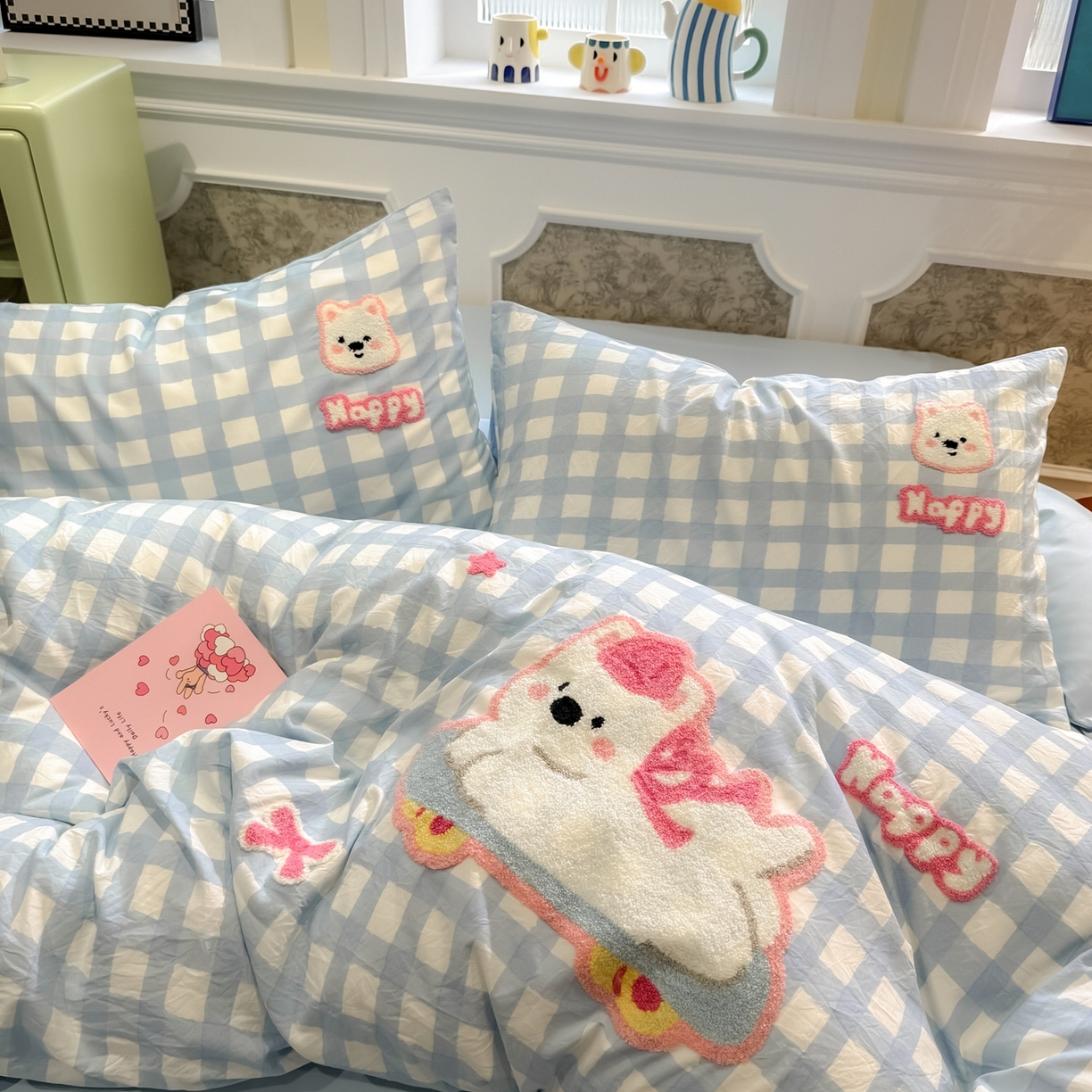 91家纺网 家纺一手货源 找家纺 我心家纺 2026新款水洗棉毛巾绣四件套 滑板西高地-蓝格