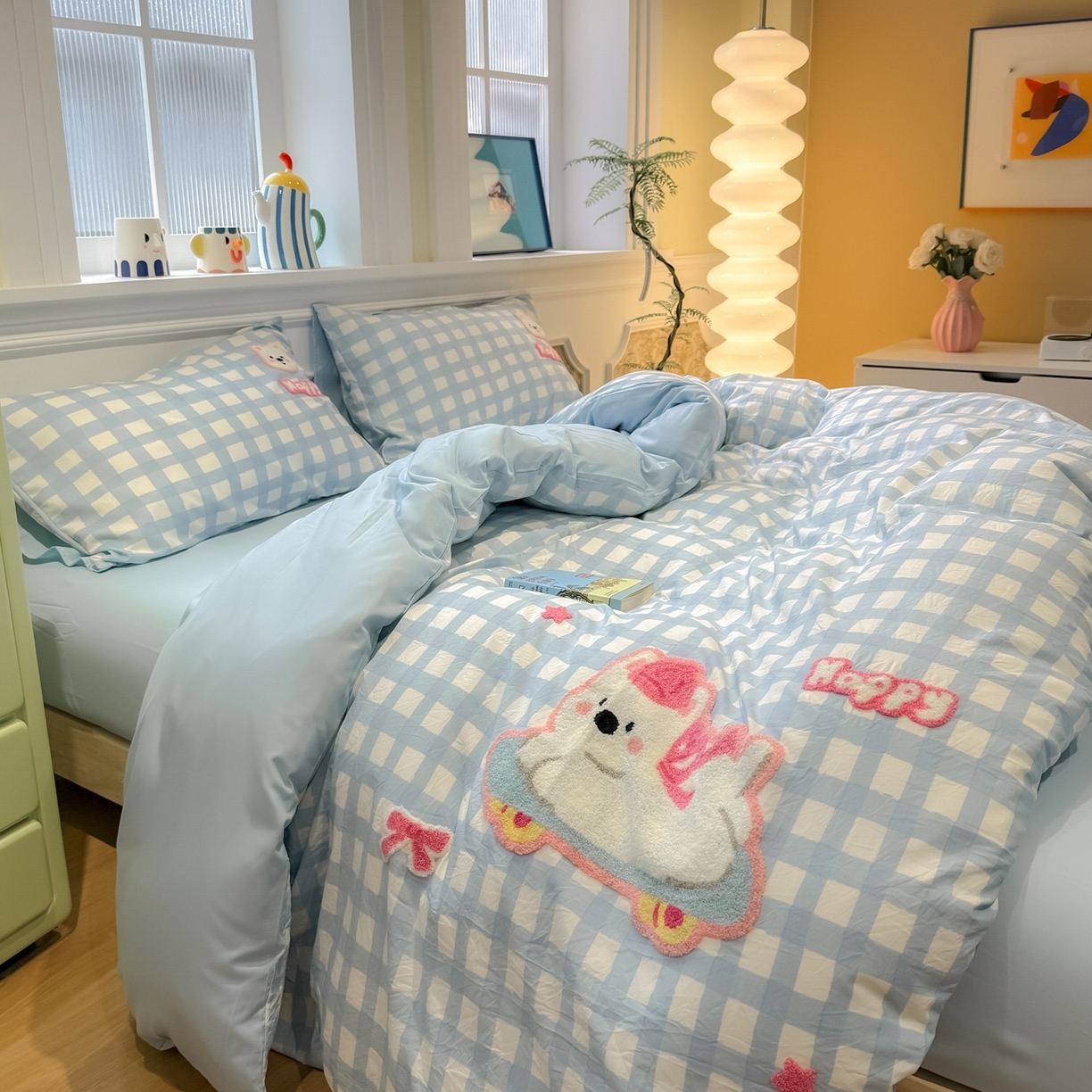 91家纺网 家纺一手货源 找家纺 我心家纺 2026新款水洗棉毛巾绣四件套 滑板西高地-蓝格