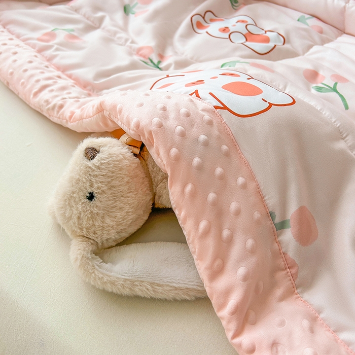 91家纺网 家纺一手货源 找家纺 悦织语 2026新款水洗棉双层纱豆豆被大豆夏凉被 樱桃兔兔