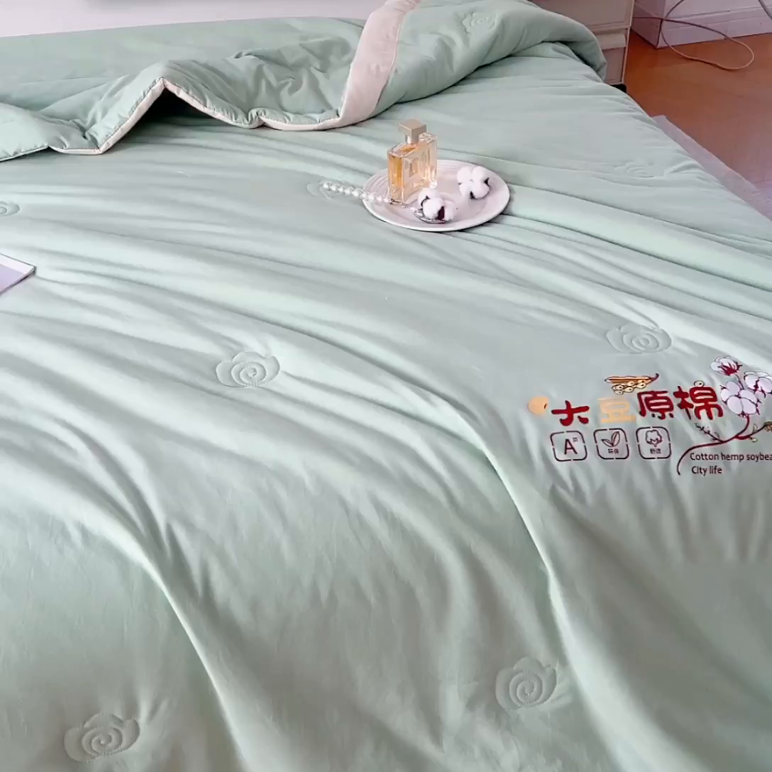 91家纺网 家纺一手货源 找家纺 悦织语 2026新款A类纯色原棉大豆夏被 原棉-抹茶绿