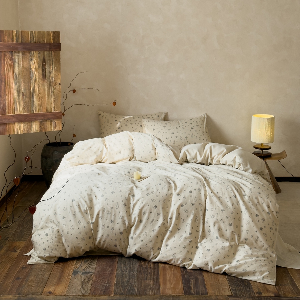 （总）对白 2026新款A类棉麻文艺风人字纹印花四件套