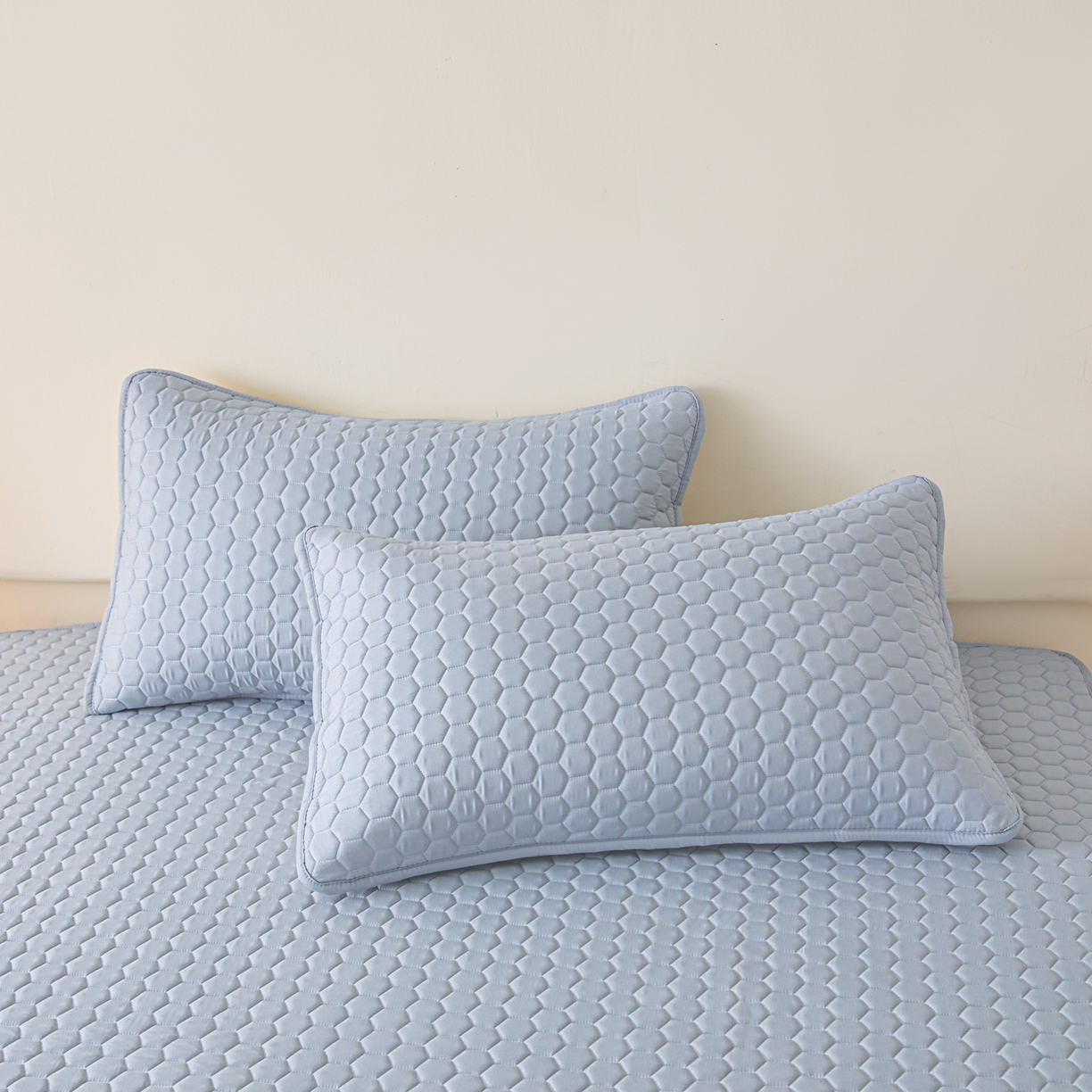 91家纺网 家纺一手货源 找家纺 摩妮卡 2026新款水洗棉夹棉防水床褥床垫款三件套 几何-天蓝