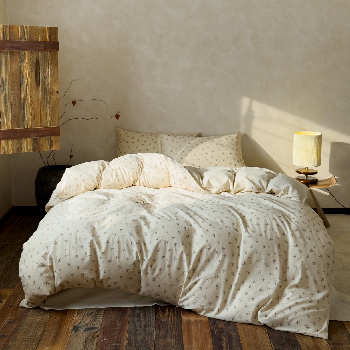 对白 2026新款A类棉麻文艺风人字纹印花四件套 棉麻-长安