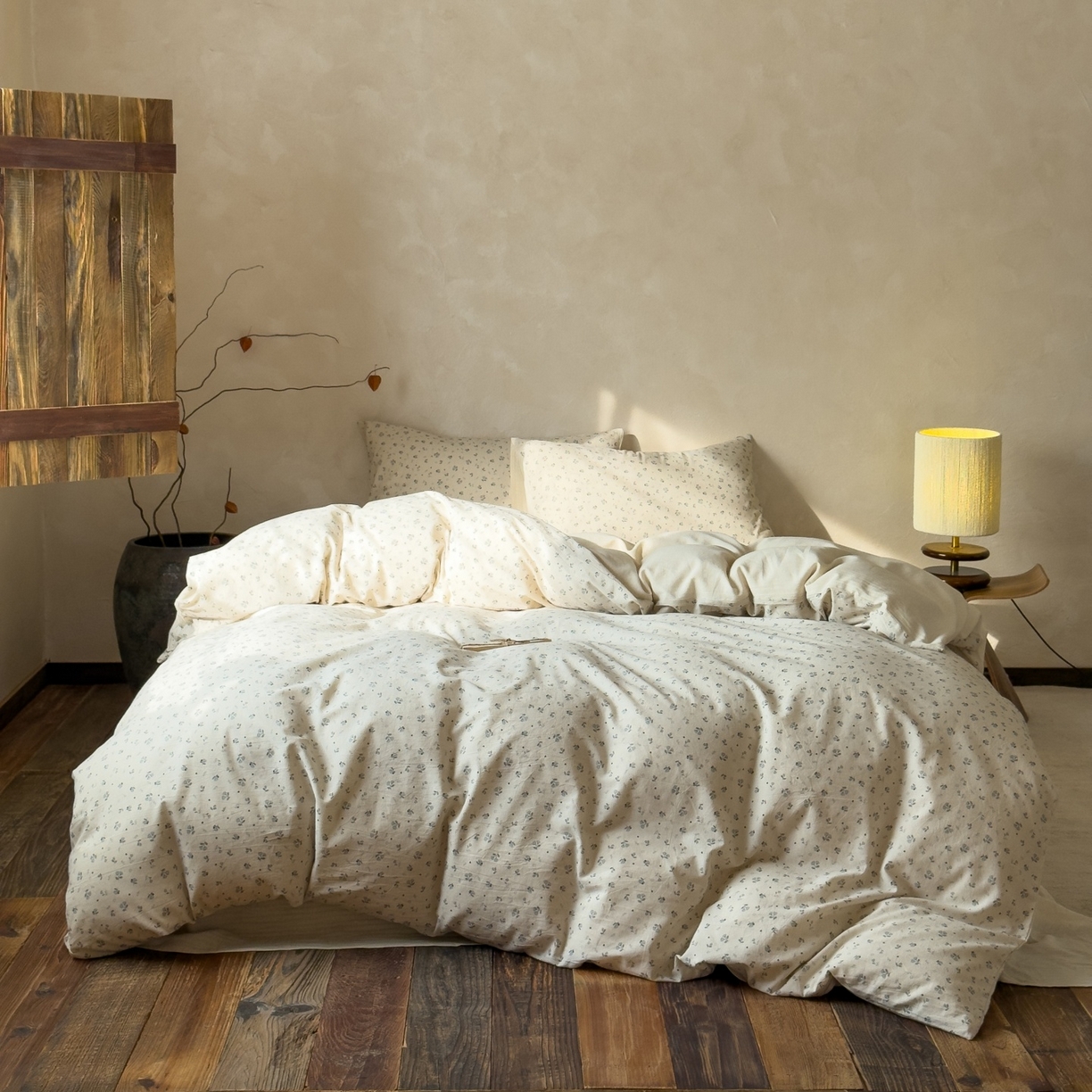 对白 2026新款A类棉麻文艺风人字纹印花四件套 棉麻-铃兰