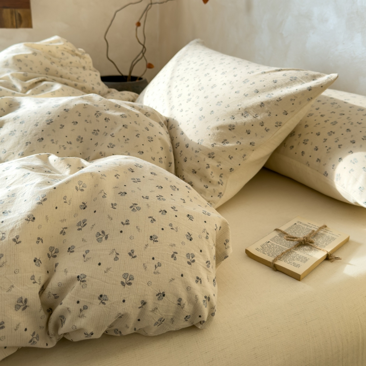 91家纺网 家纺一手货源 找家纺 对白 2026新款A类棉麻文艺风人字纹印花四件套 棉麻-铃兰