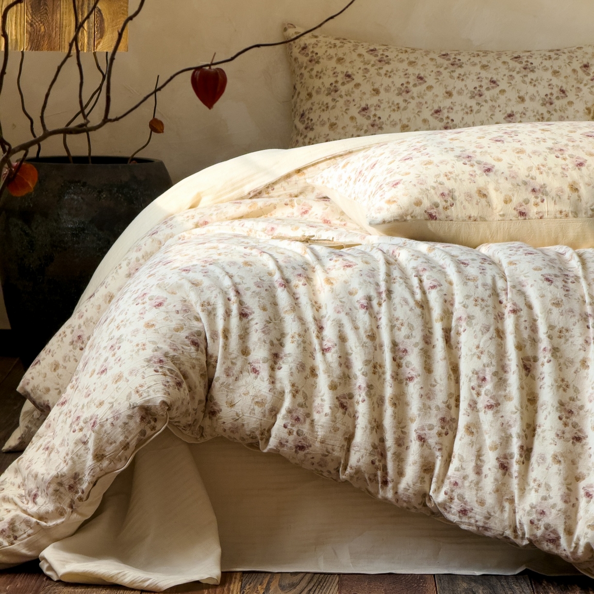 91家纺网 家纺一手货源 找家纺 对白 2026新款A类棉麻文艺风人字纹印花四件套 棉麻-洛神