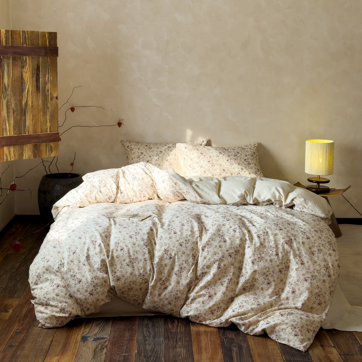 对白 2026新款A类棉麻文艺风人字纹印花四件套 棉麻-洛神