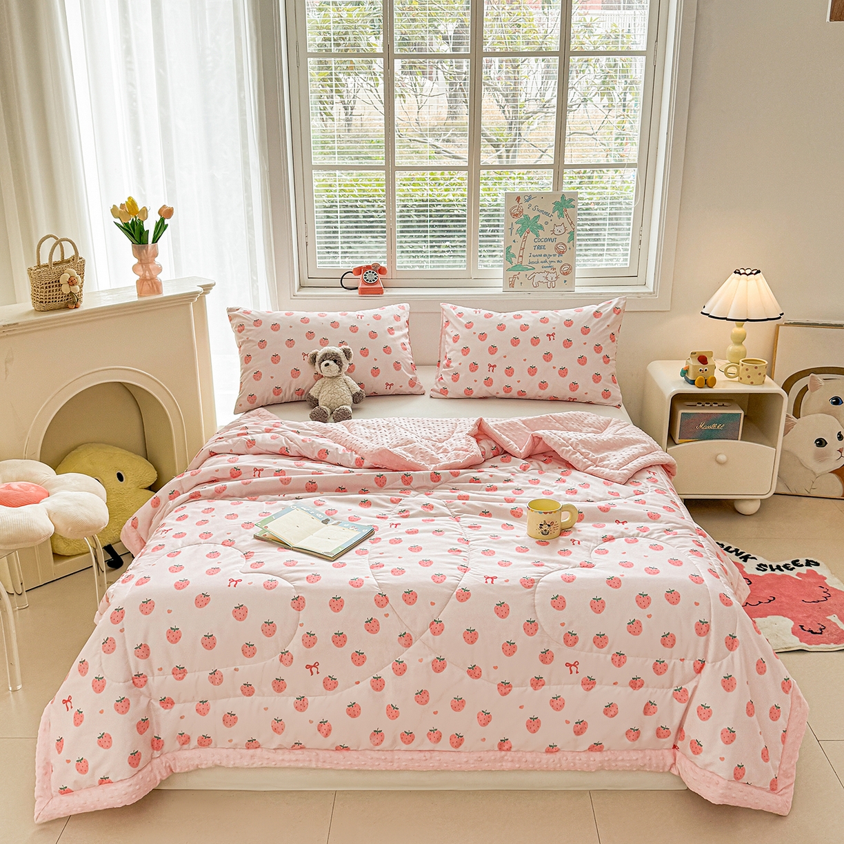 91家纺网 家纺一手货源 找家纺 悦织语 2026新款A类水洗棉双层纱豆豆被大豆夏凉被 草莓波波