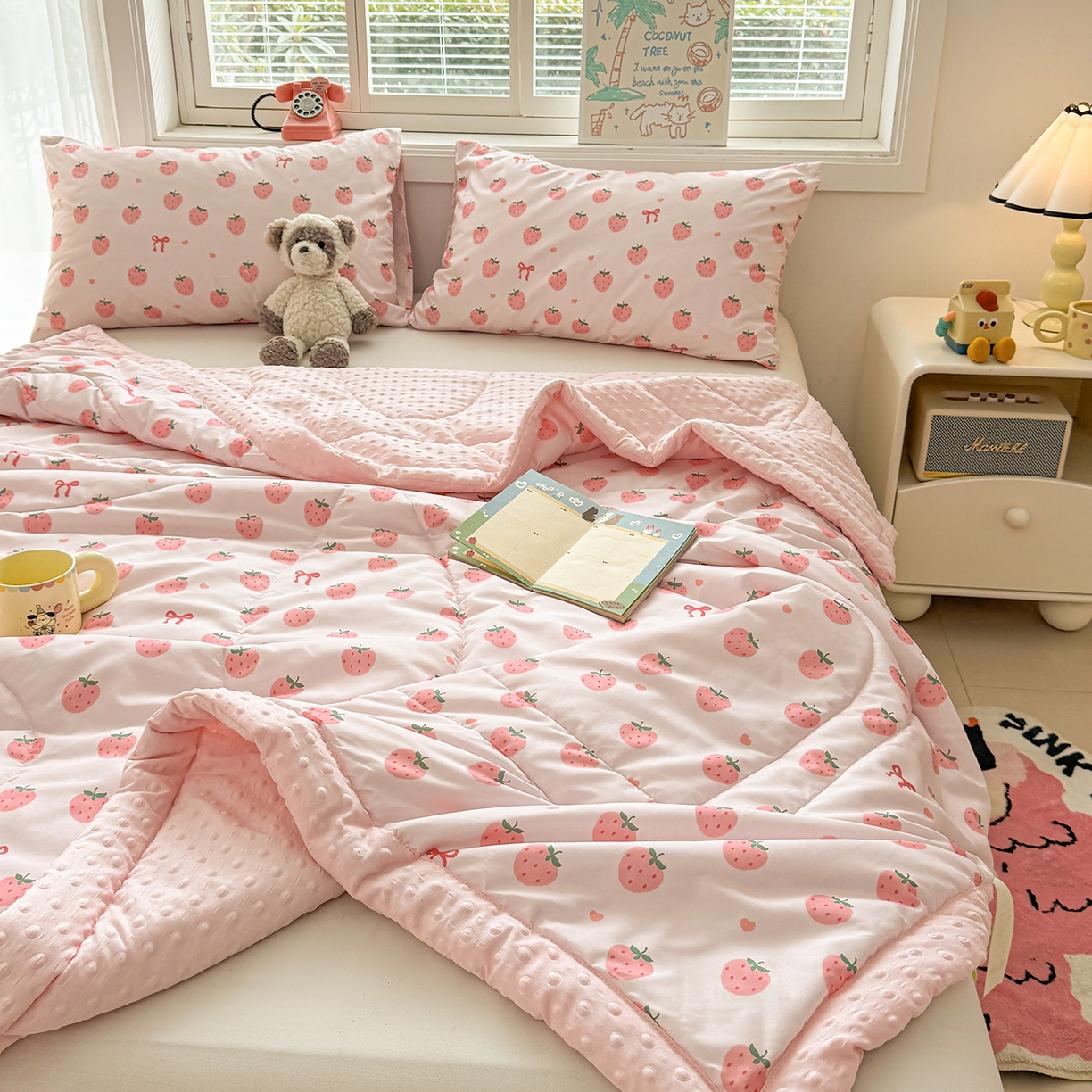 91家纺网 家纺一手货源 找家纺 悦织语 2026新款A类水洗棉双层纱豆豆被大豆夏凉被 草莓波波