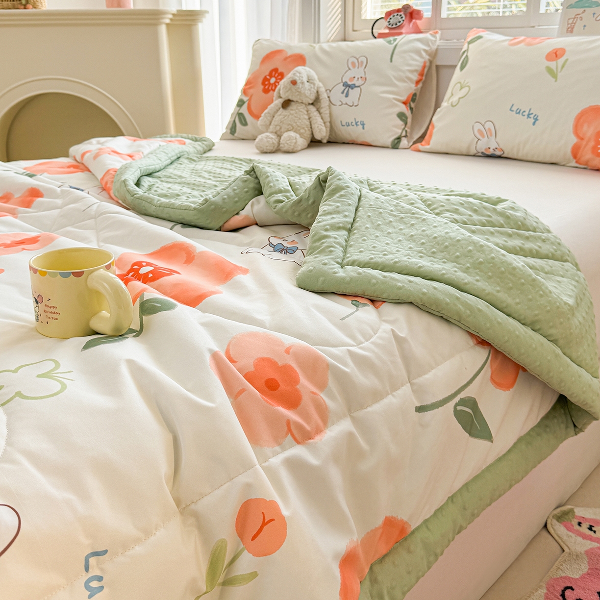 91家纺网 家纺一手货源 找家纺 悦织语 2026新款A类水洗棉双层纱豆豆被大豆夏凉被 花香谷