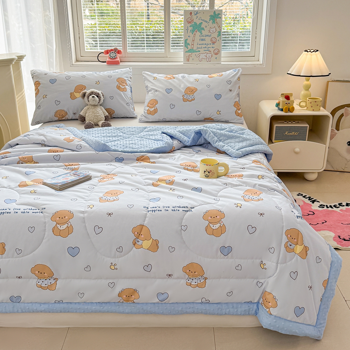 91家纺网 家纺一手货源 找家纺 悦织语 2026新款A类水洗棉双层纱豆豆被大豆夏凉被 开心小狗