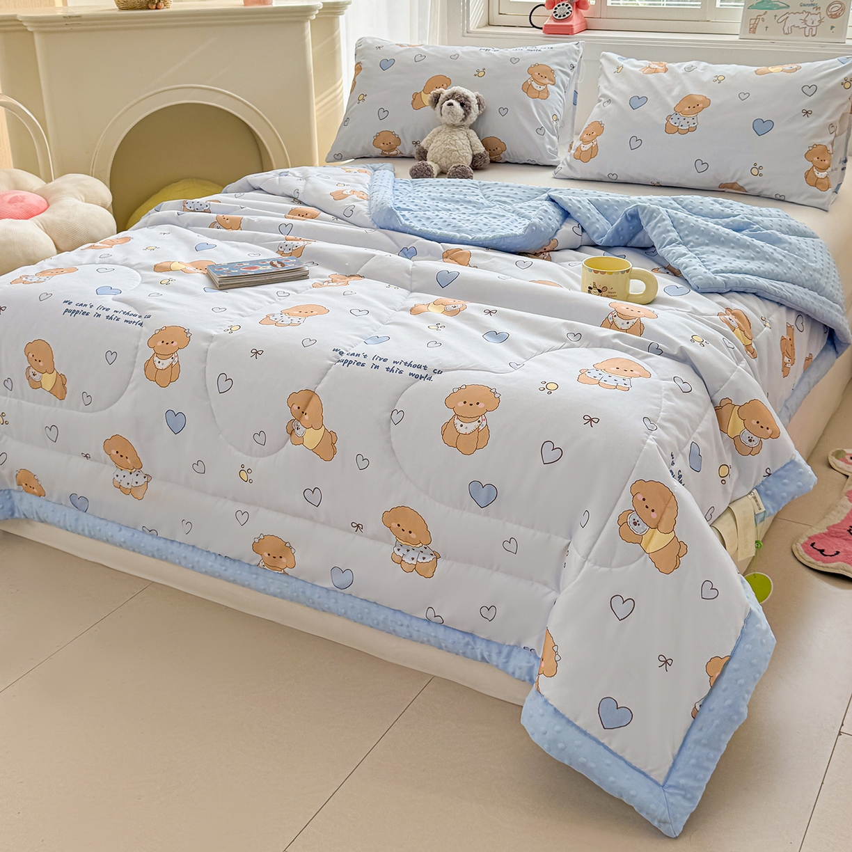 91家纺网 家纺一手货源 找家纺 悦织语 2026新款A类水洗棉双层纱豆豆被大豆夏凉被 开心小狗