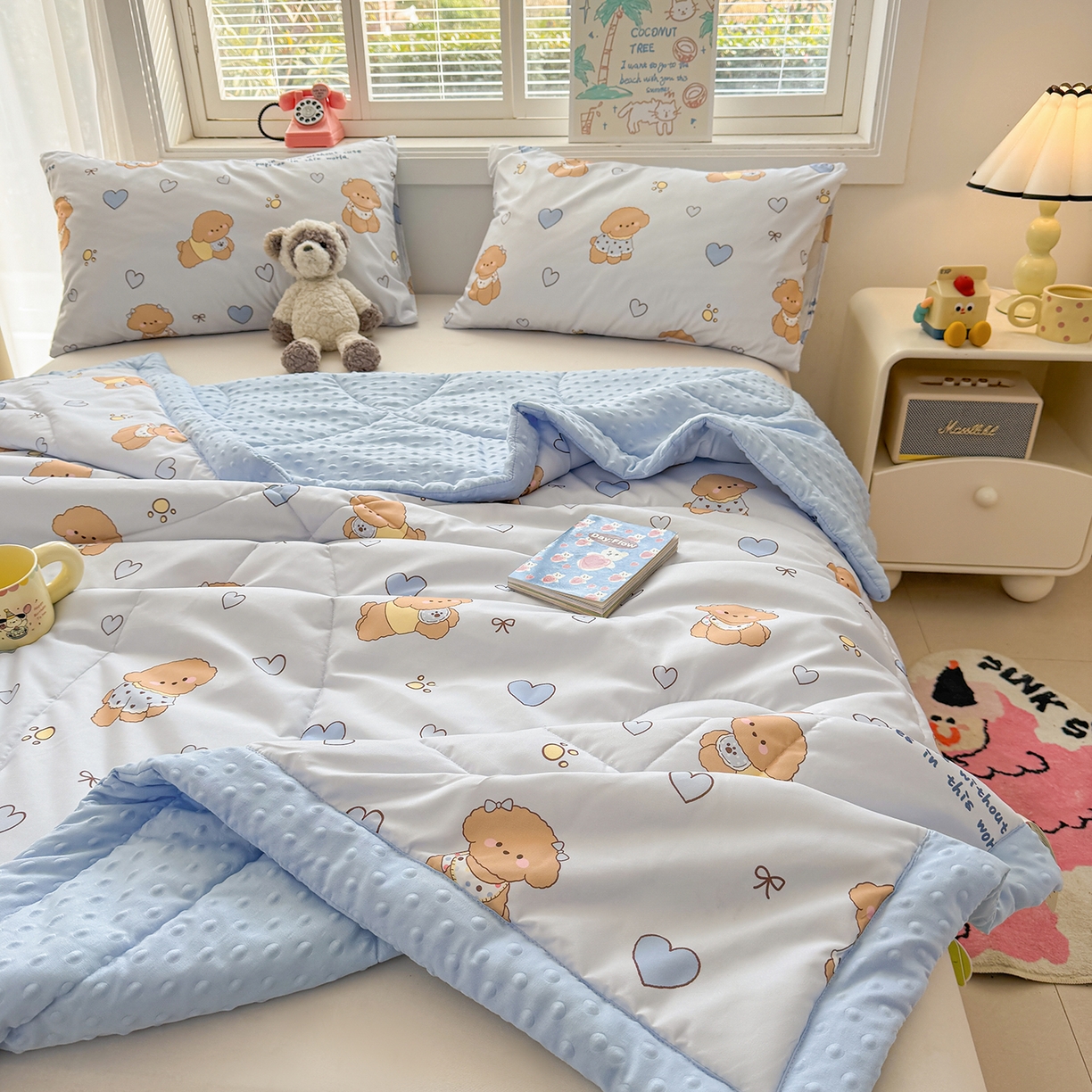 91家纺网 家纺一手货源 找家纺 悦织语 2026新款A类水洗棉双层纱豆豆被大豆夏凉被 开心小狗