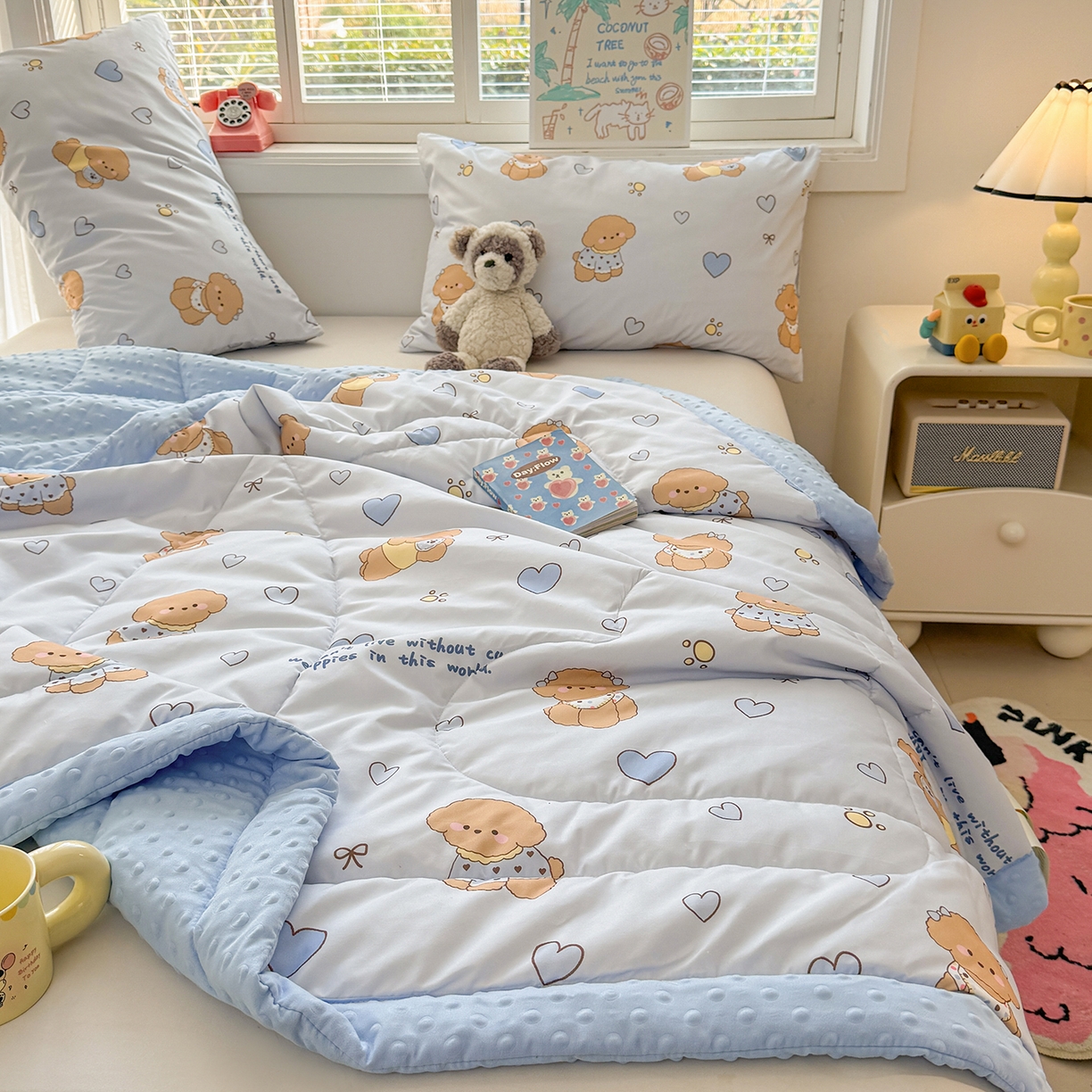 91家纺网 家纺一手货源 找家纺 悦织语 2026新款A类水洗棉双层纱豆豆被大豆夏凉被 开心小狗