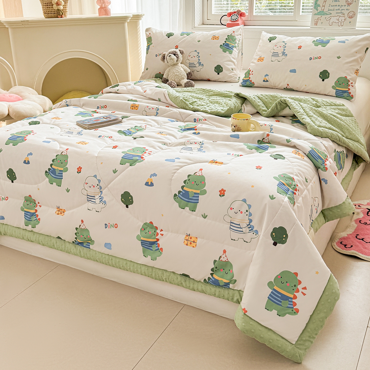 91家纺网 家纺一手货源 找家纺 悦织语 2026新款A类水洗棉双层纱豆豆被大豆夏凉被 恐龙日记