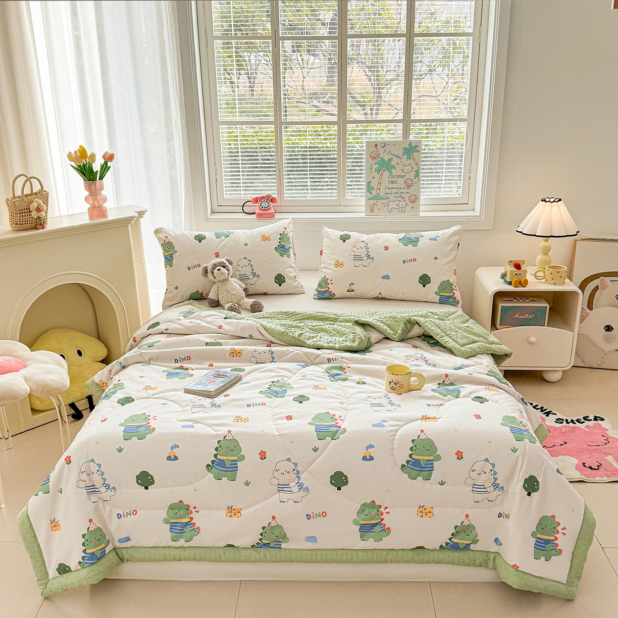 91家纺网 家纺一手货源 找家纺 悦织语 2026新款A类水洗棉双层纱豆豆被大豆夏凉被 恐龙日记