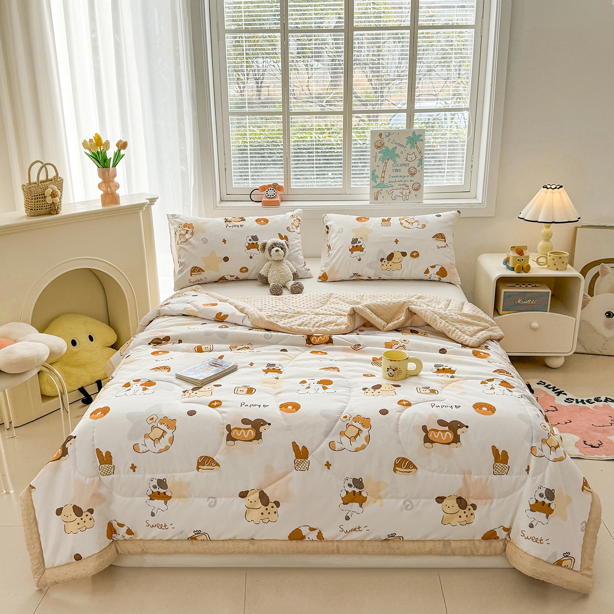 91家纺网 家纺一手货源 找家纺 悦织语 2026新款A类水洗棉双层纱豆豆被大豆夏凉被 米洛狗狗