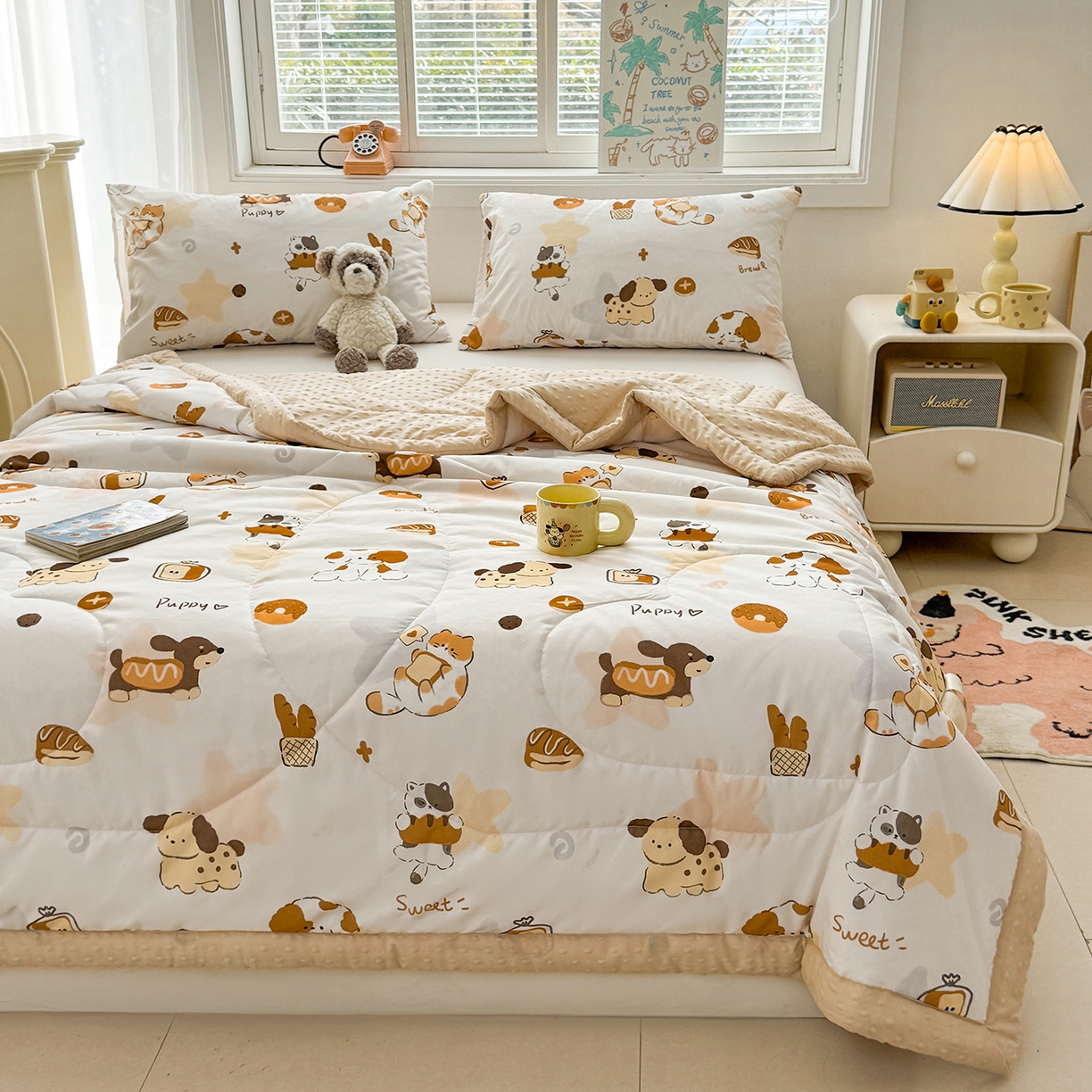 91家纺网 家纺一手货源 找家纺 悦织语 2026新款A类水洗棉双层纱豆豆被大豆夏凉被 米洛狗狗