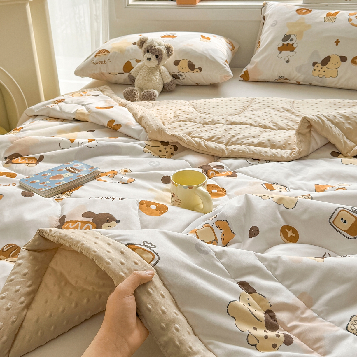 91家纺网 家纺一手货源 找家纺 悦织语 2026新款A类水洗棉双层纱豆豆被大豆夏凉被 米洛狗狗